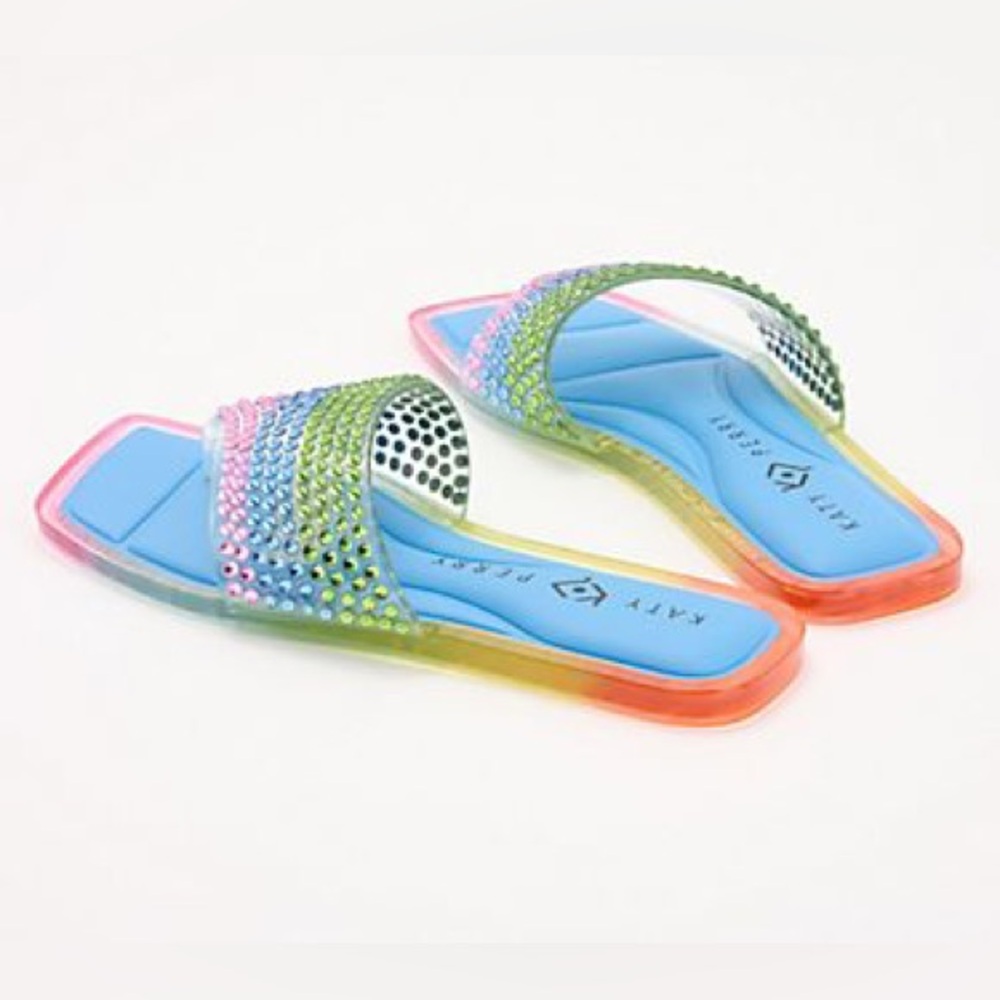 New Katy Perry Crystal Embellished Rainbow Slide Sandals - Blue - Picture 2 of 3
